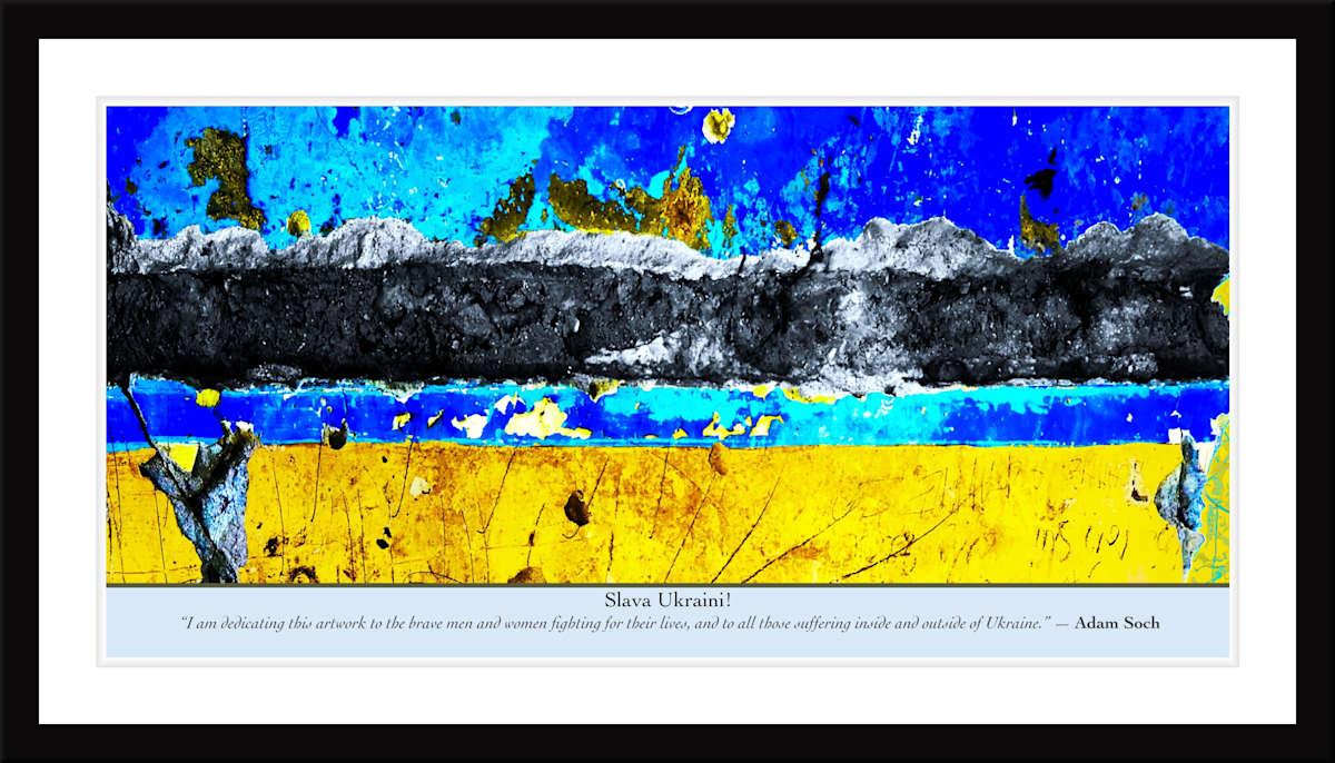 Blue and yellow layers of a decaying wall crossed by a dark scar